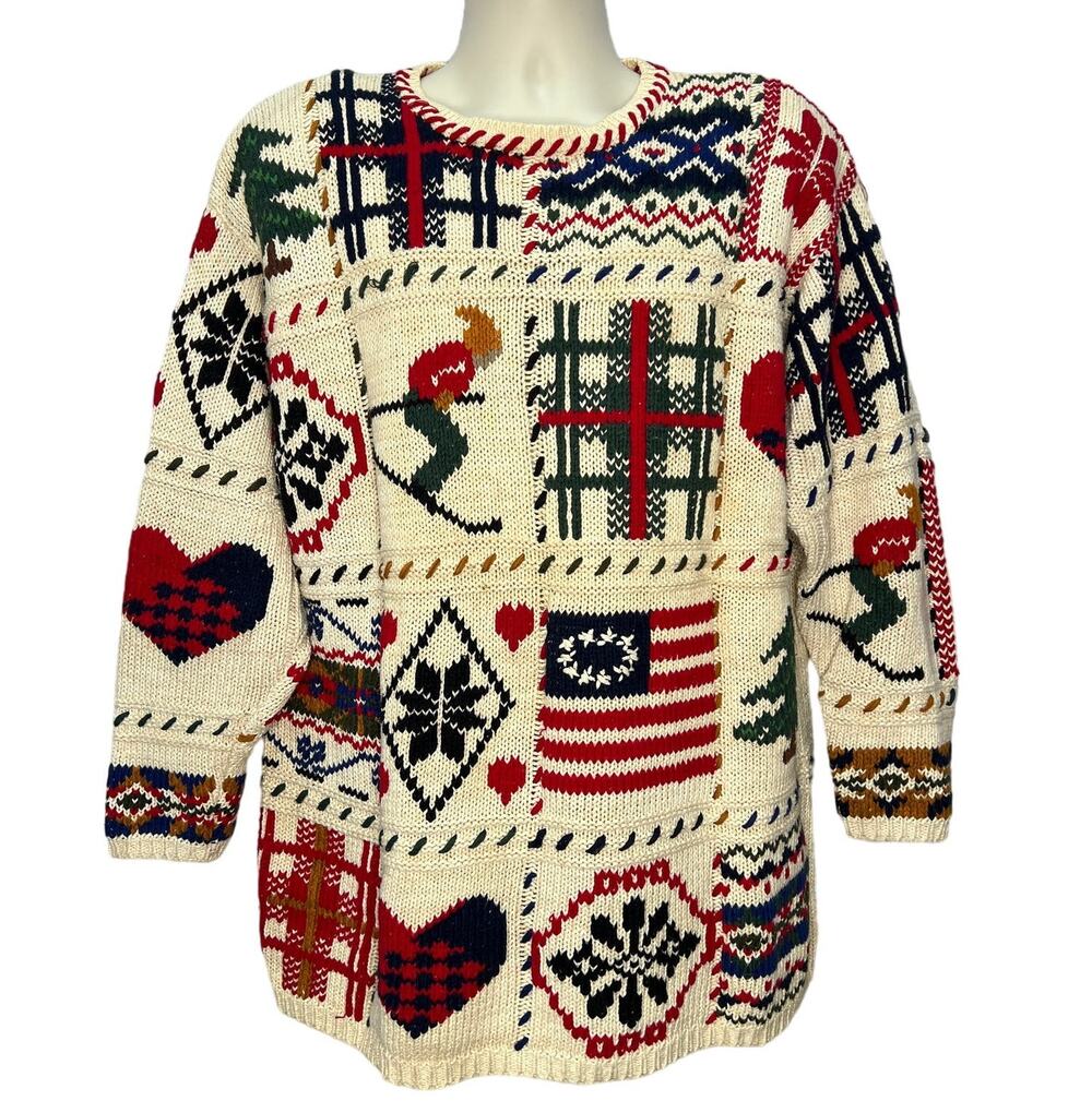 Jacque & Koko Patchwork Knit Sweater Size 18/20 XXL Ski Flag Winter Heart Womens